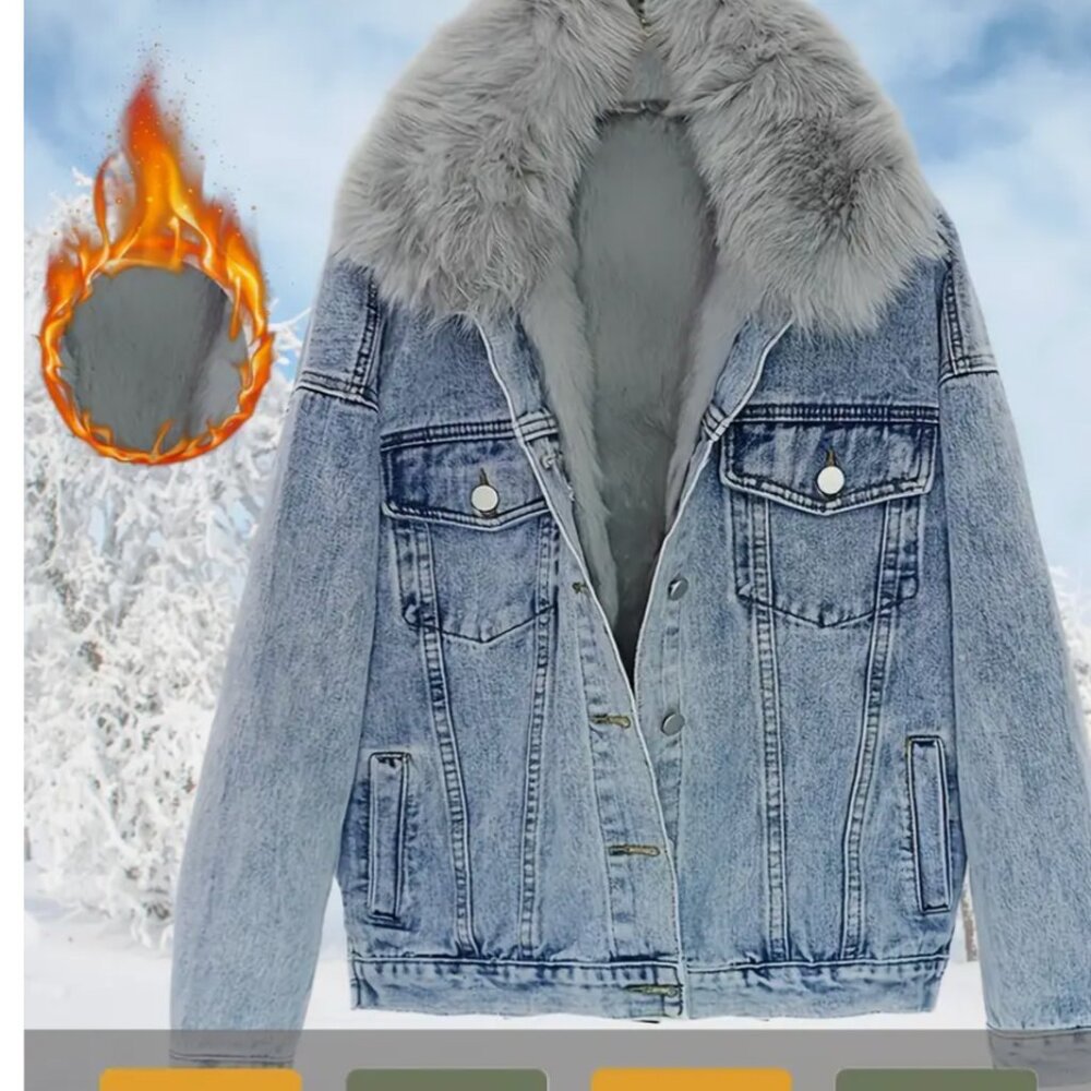 Brand NEW! Women's Elegant Winter Denim Jacket with Luxurious Faux Fur Collar